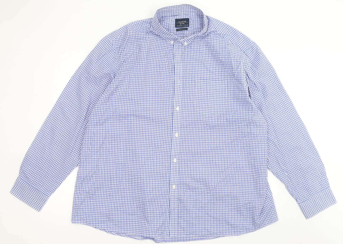F&F Mens Blue Check Cotton  Button-Up Size 19 Collared Button - Tailored