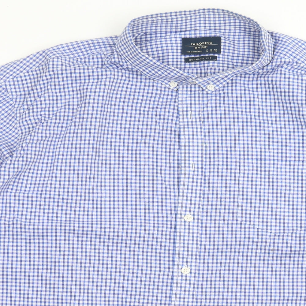F&F Mens Blue Check Cotton  Button-Up Size 19 Collared Button - Tailored