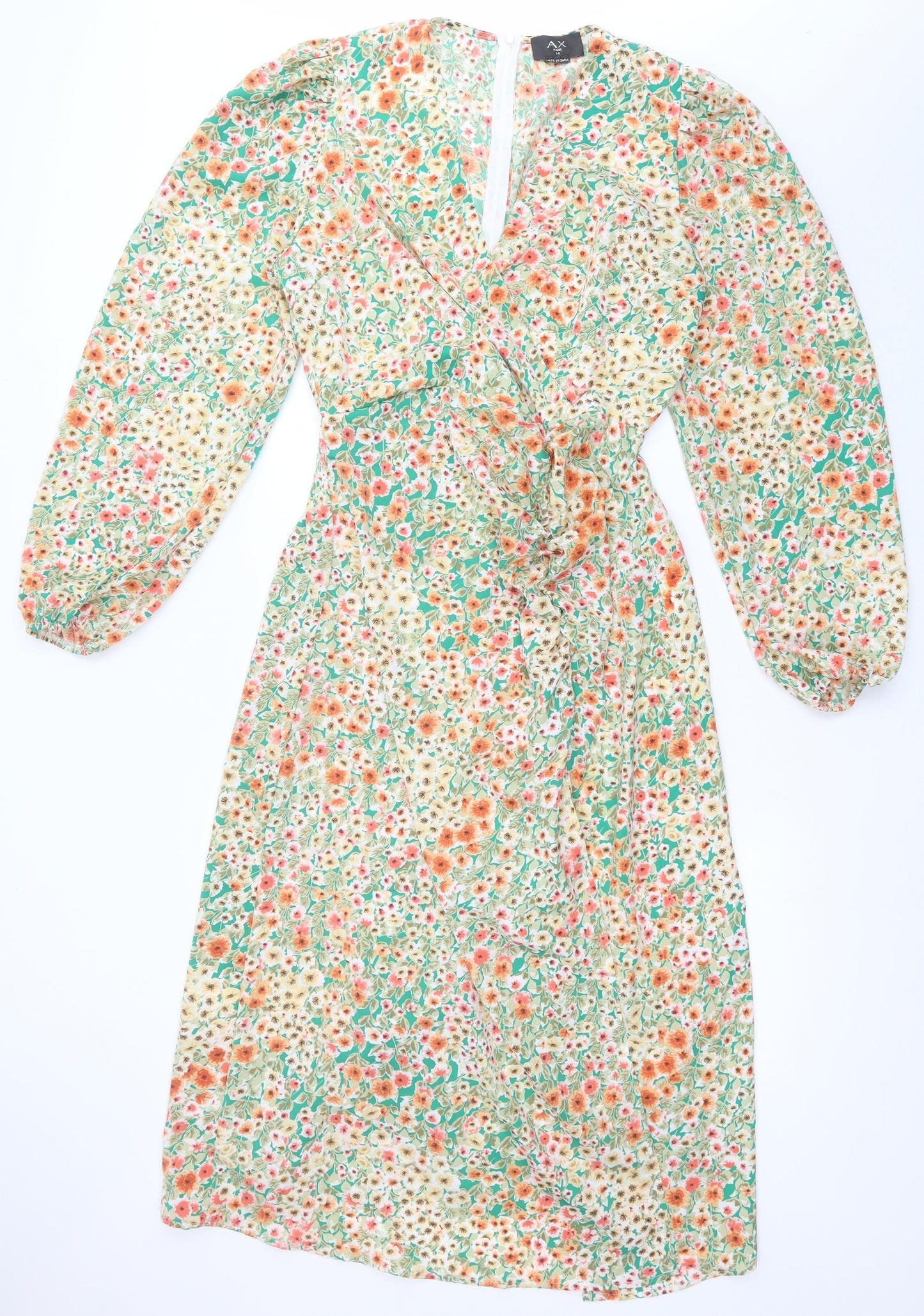 AX Paris Womens Green Floral Polyester A-Line  Size 14  V-Neck Zip