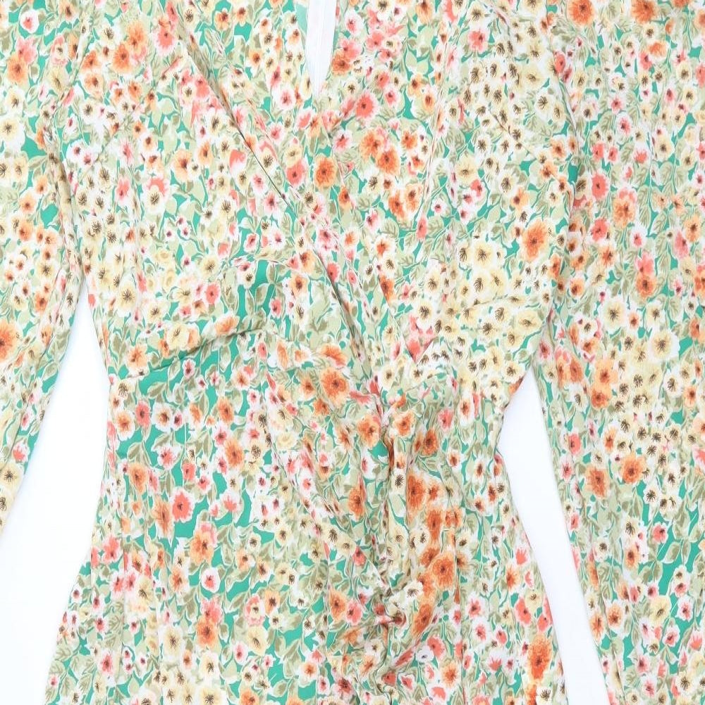 AX Paris Womens Green Floral Polyester A-Line  Size 14  V-Neck Zip