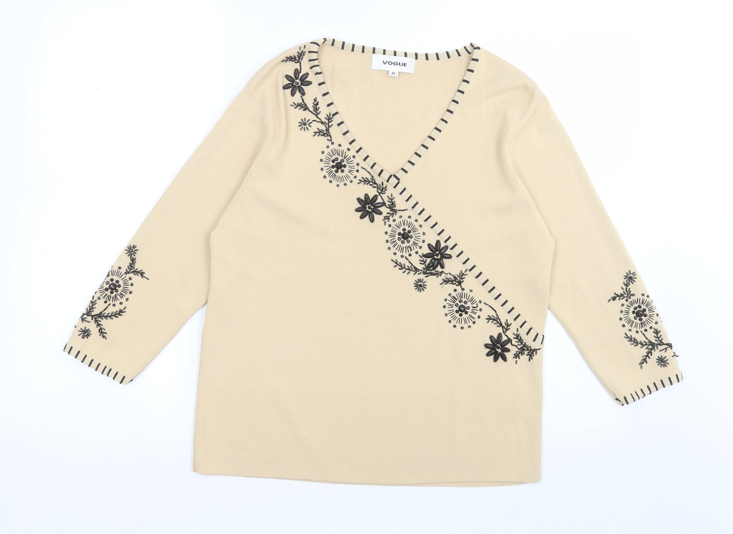 Vogue Womens Beige V-Neck Fair Isle Viscose Pullover Jumper Size M
