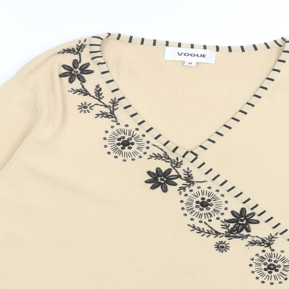 Vogue Womens Beige V-Neck Fair Isle Viscose Pullover Jumper Size M
