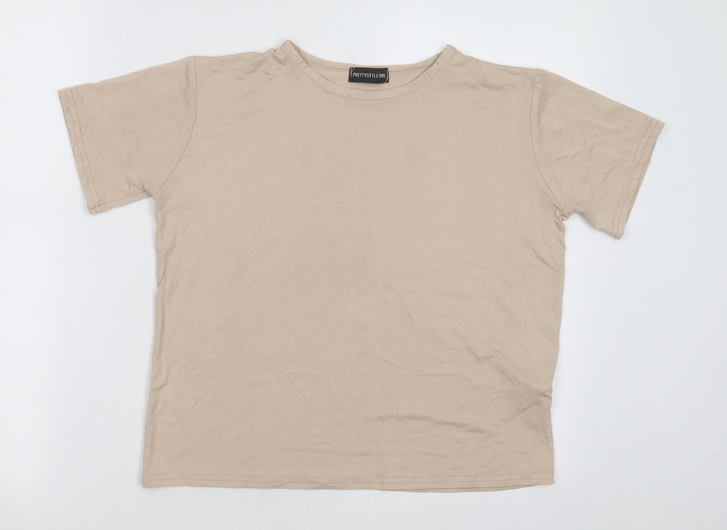 PRETTYLITTLETHING Womens Beige  Viscose Basic T-Shirt Size 8 Crew Neck