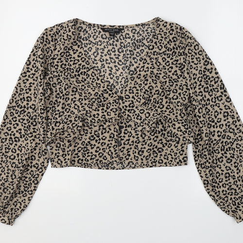 Brave Soul Womens Beige Animal Print Polyester Basic Blouse Size S V-Neck