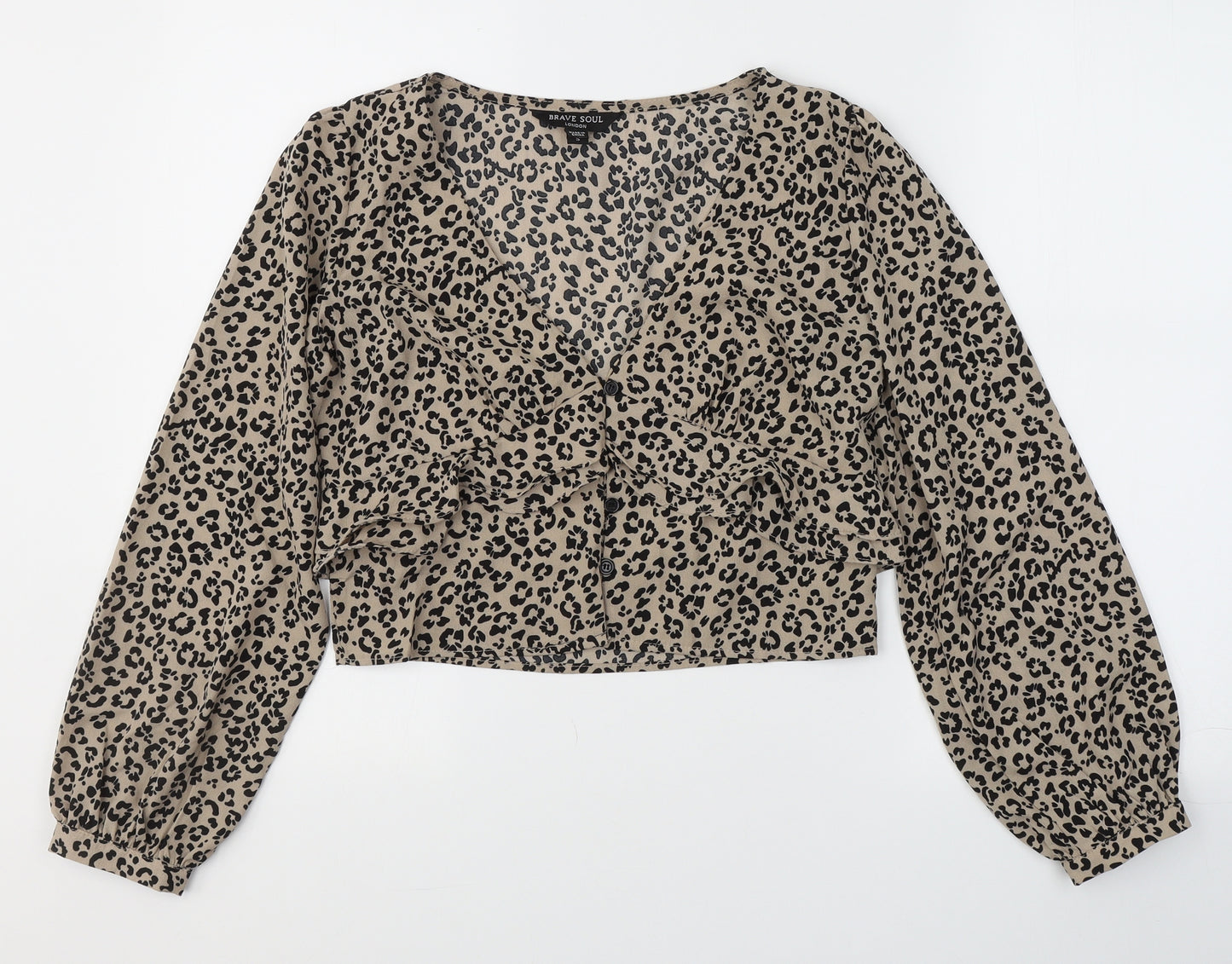 Brave Soul Womens Beige Animal Print Polyester Basic Blouse Size S V-Neck