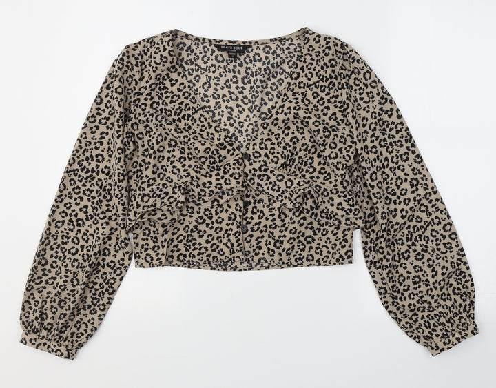 Brave Soul Womens Beige Animal Print Polyester Basic Blouse Size S V-Neck