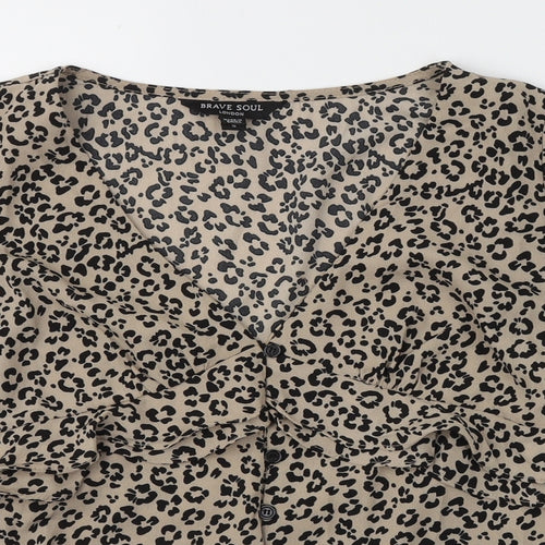 Brave Soul Womens Beige Animal Print Polyester Basic Blouse Size S V-Neck