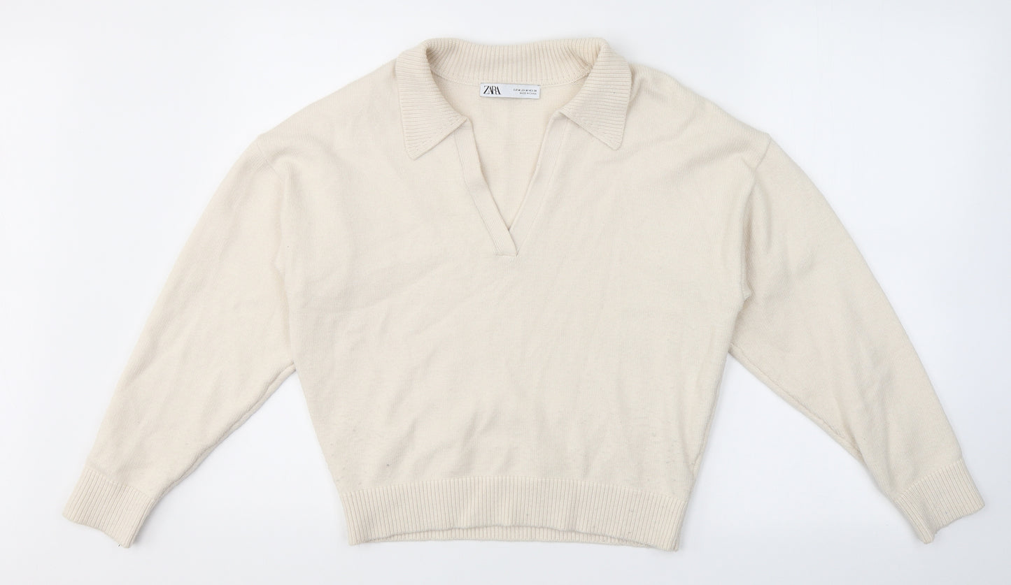 Zara Womens Beige V-Neck  Viscose Pullover Jumper Size M