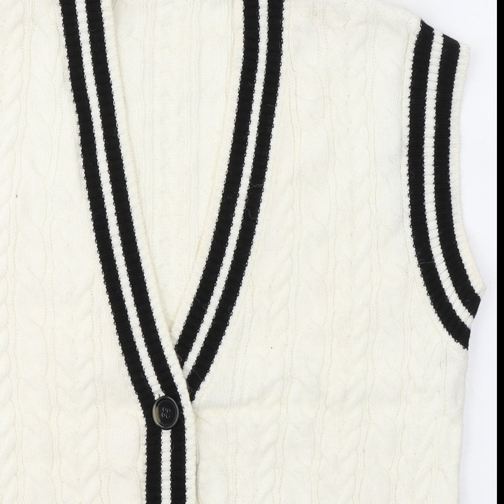 Primark Mens White V-Neck Striped Acrylic Cardigan Jumper Size S
