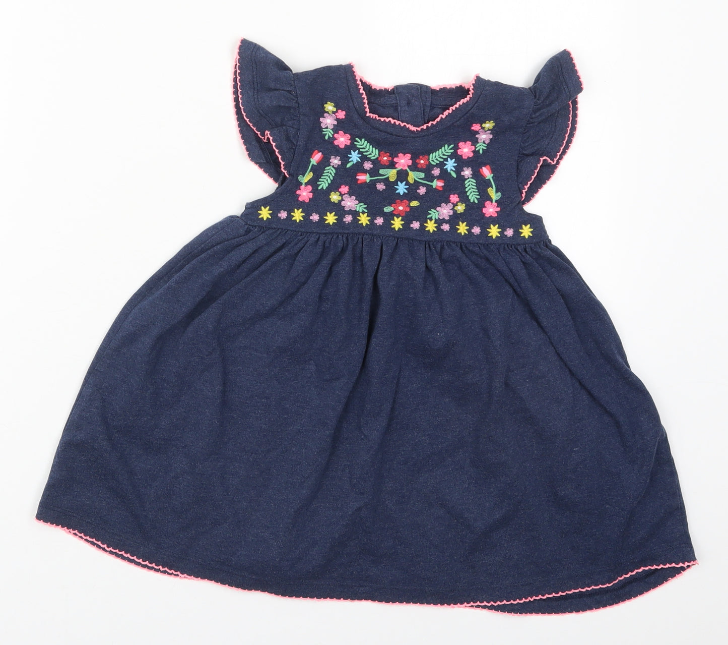 Dunnes Girls Blue Floral Cotton Skater Dress  Size 2-3 Years  Round Neck Button