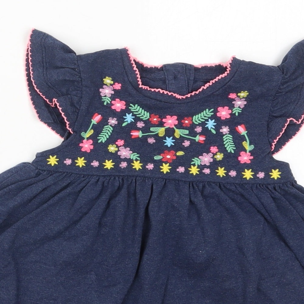 Dunnes Girls Blue Floral Cotton Skater Dress  Size 2-3 Years  Round Neck Button