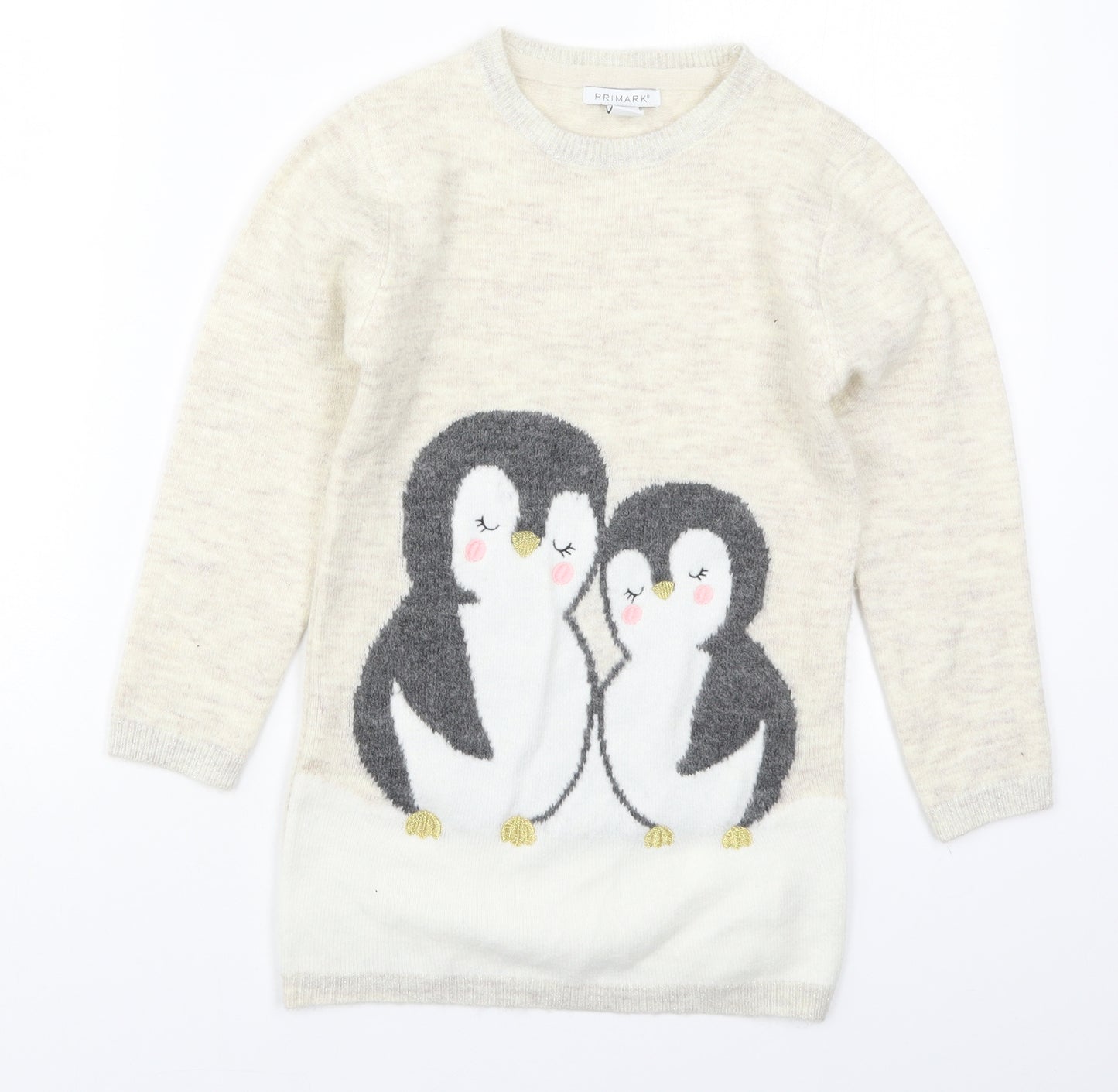 Primark Girls Beige Round Neck  Acrylic Pullover Jumper Size 7-8 Years  Pullover - Penguins