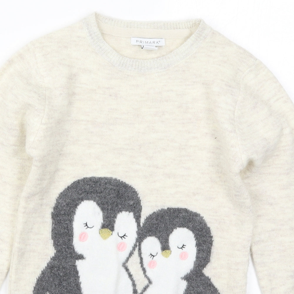 Primark Girls Beige Round Neck  Acrylic Pullover Jumper Size 7-8 Years  Pullover - Penguins