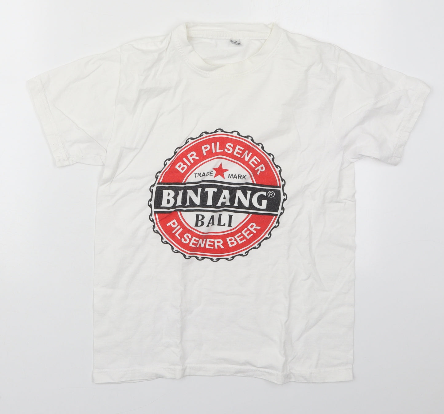 Preworn Mens White  Viscose  T-Shirt Size S Crew Neck  - Bir Pilsener Beer Bintang