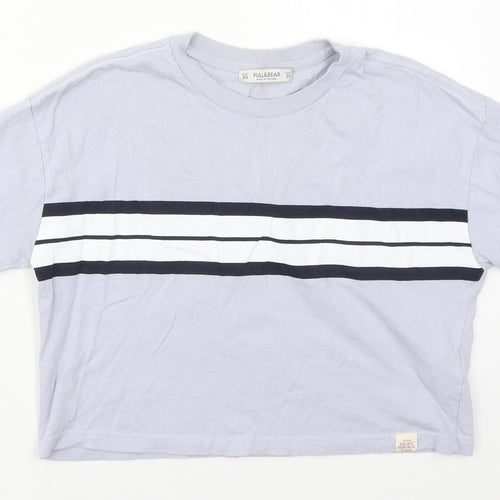 Pull&Bear Womens Blue Striped Cotton Cropped T-Shirt Size XS Crew Neck