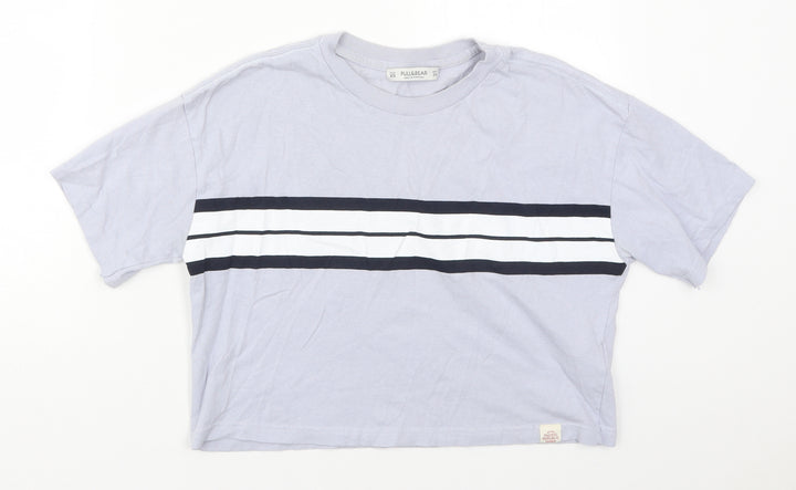 Pull&Bear Womens Blue Striped Cotton Cropped T-Shirt Size XS Crew Neck