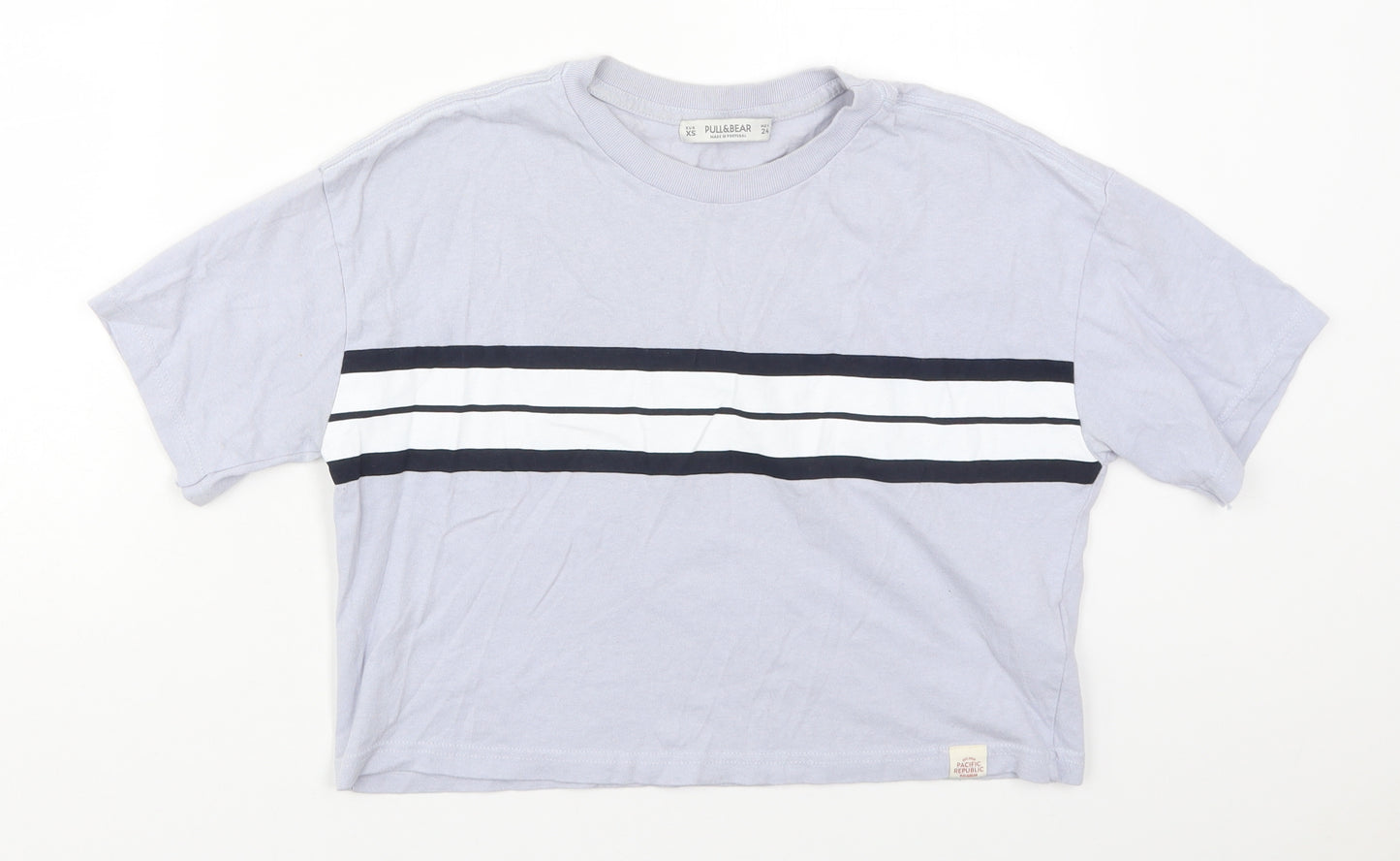 Pull&Bear Womens Blue Striped Cotton Cropped T-Shirt Size XS Crew Neck