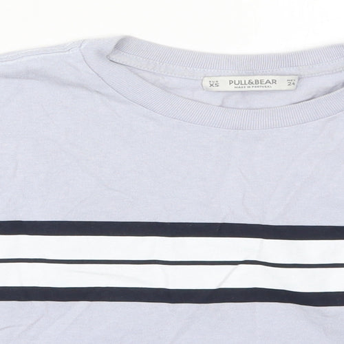 Pull&Bear Womens Blue Striped Cotton Cropped T-Shirt Size XS Crew Neck
