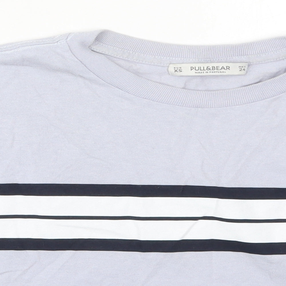 Pull&Bear Womens Blue Striped Cotton Cropped T-Shirt Size XS Crew Neck