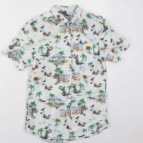 H&M Mens White  Cotton  Button-Up Size XS Collared Button - Beach Prints