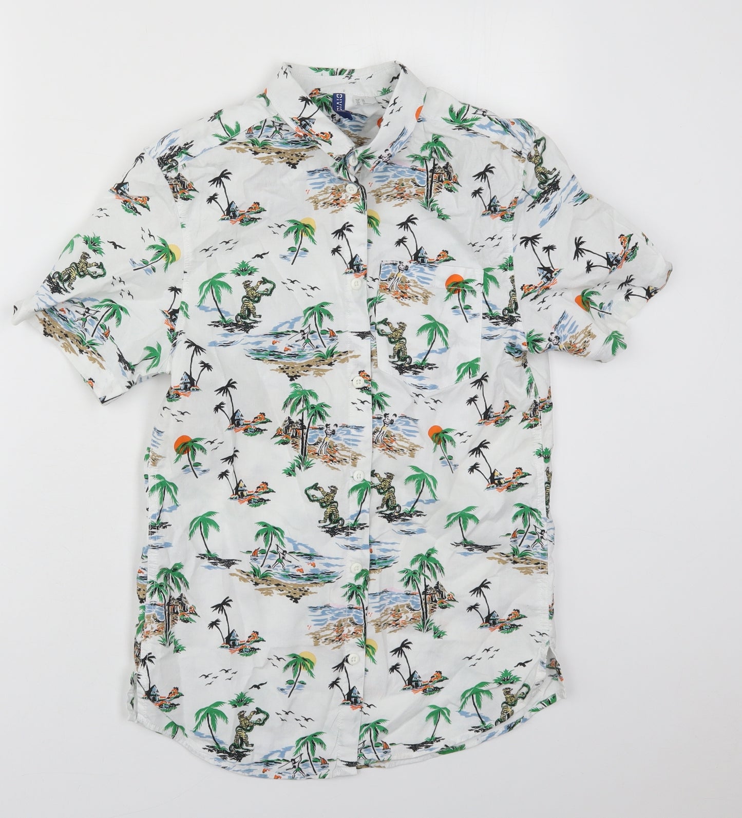 H&M Mens White  Cotton  Button-Up Size XS Collared Button - Beach Prints
