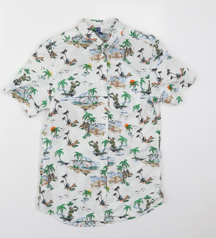 H&M Mens White  Cotton  Button-Up Size XS Collared Button - Beach Prints