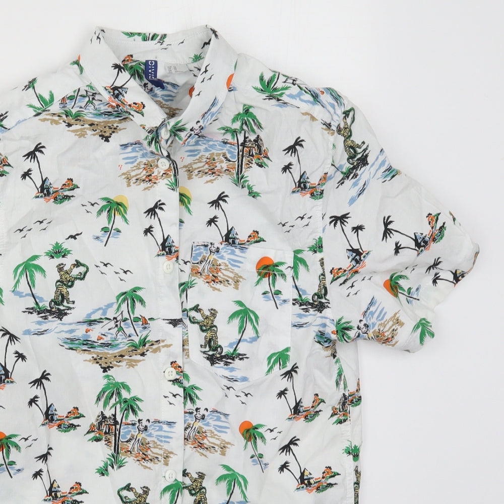 H&M Mens White  Cotton  Button-Up Size XS Collared Button - Beach Prints