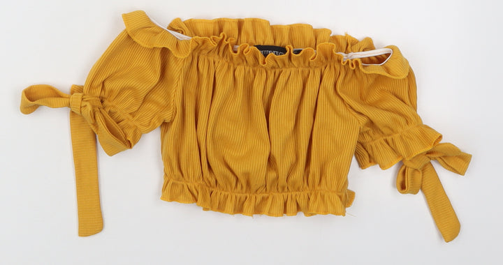 PRETTYLITTLETHING Womens Yellow  Polyester Cropped Blouse Size 4 Off the Shoulder