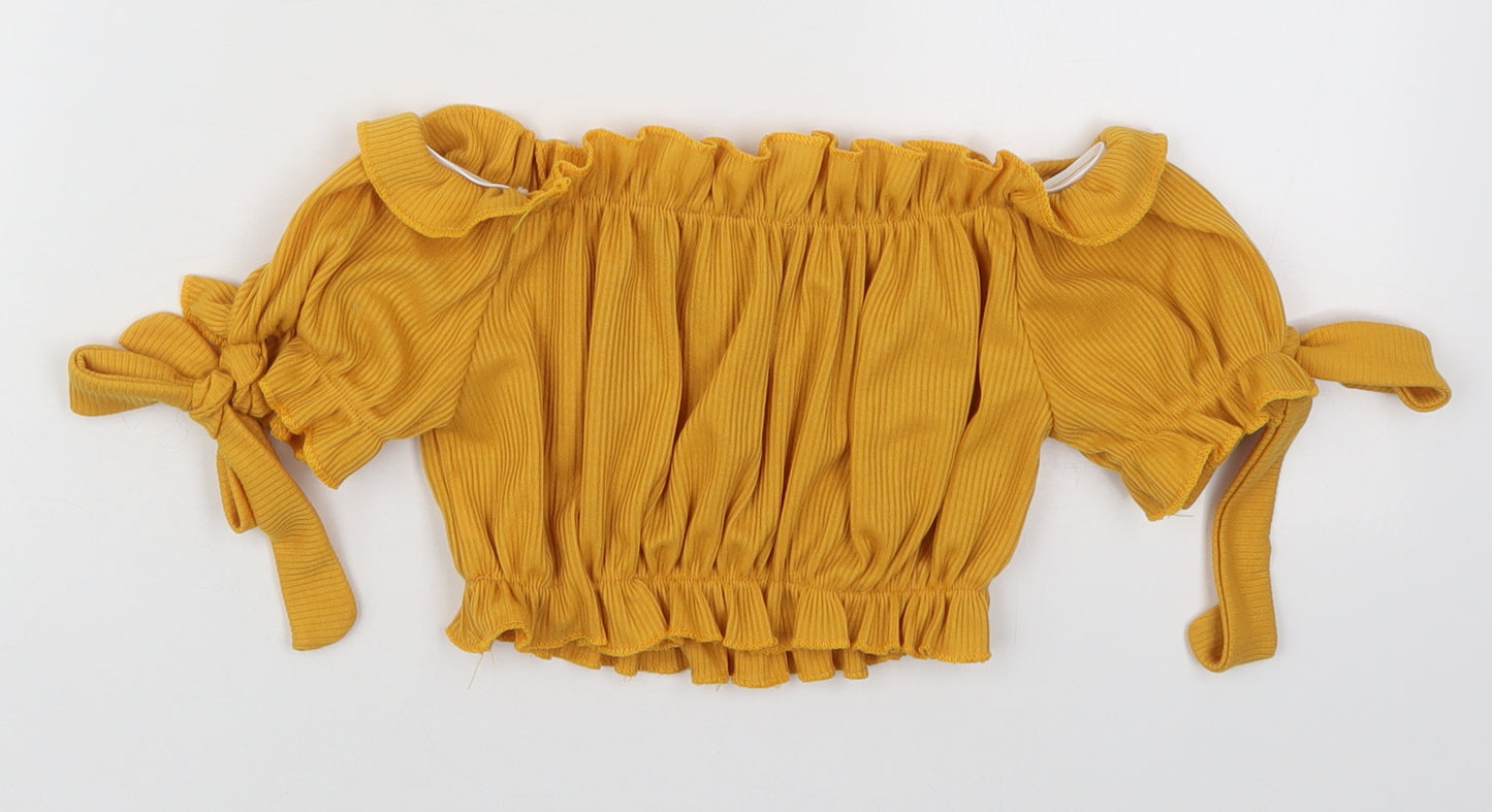 PRETTYLITTLETHING Womens Yellow  Polyester Cropped Blouse Size 4 Off the Shoulder