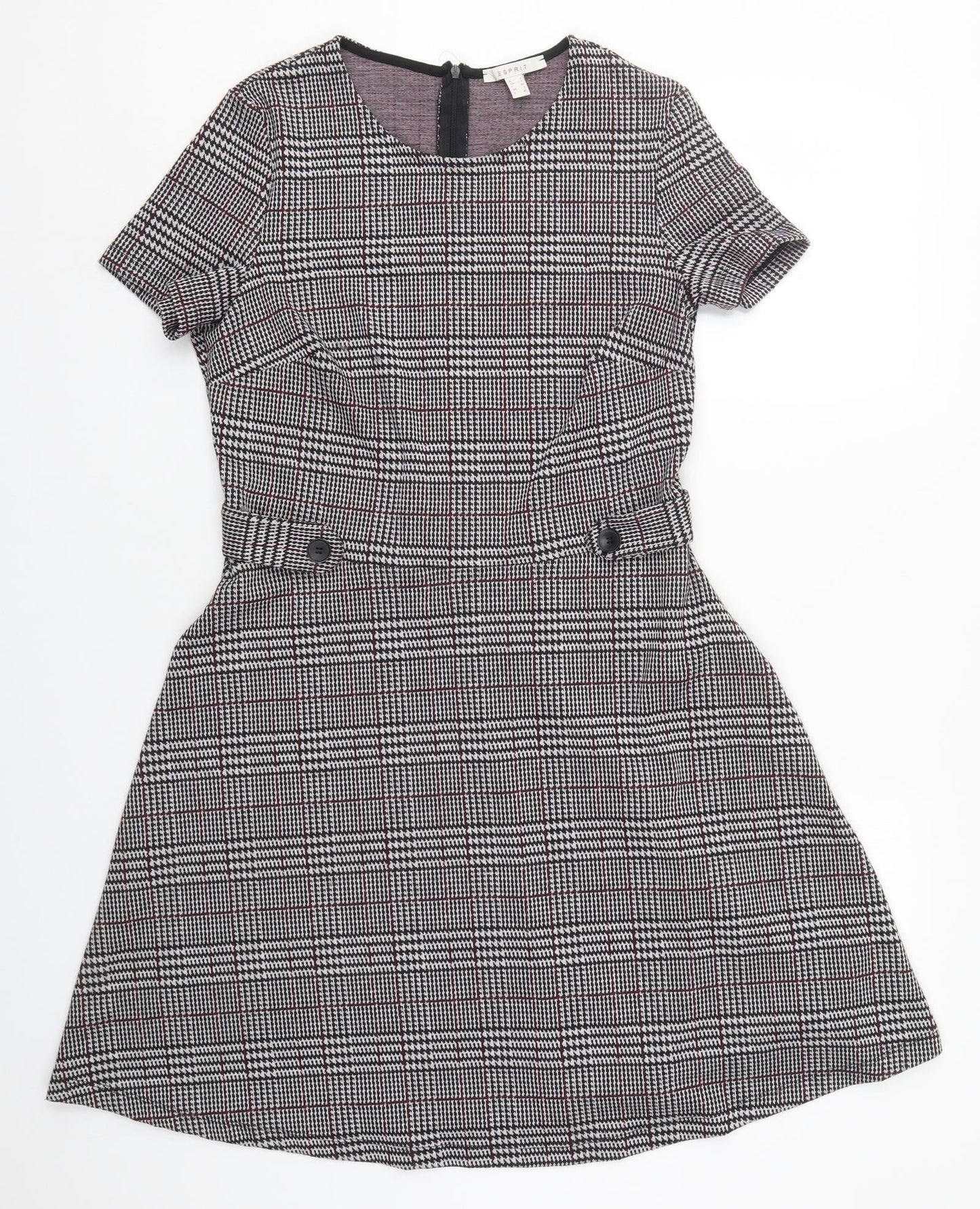 Esprit Womens Grey Check Polyester Skater Dress  Size L  Round Neck Zip