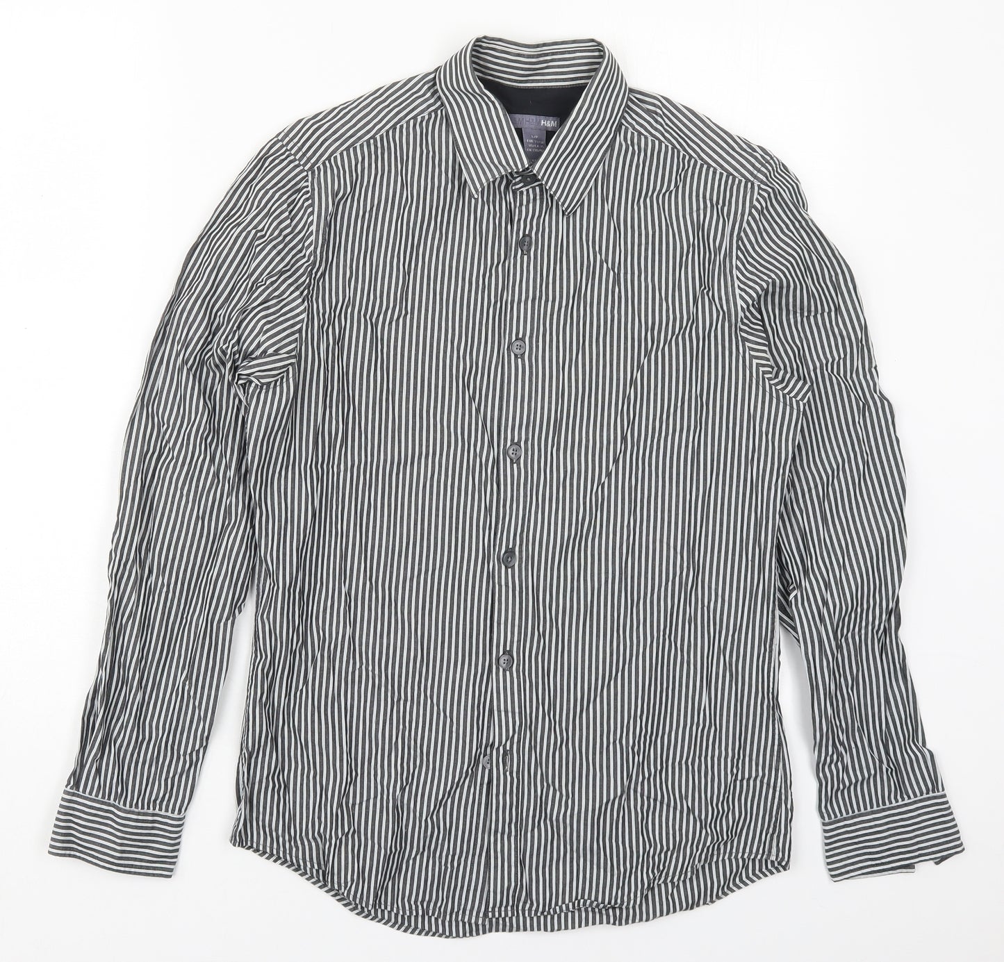 H&M Mens Grey Striped Cotton  Button-Up Size S Collared Button