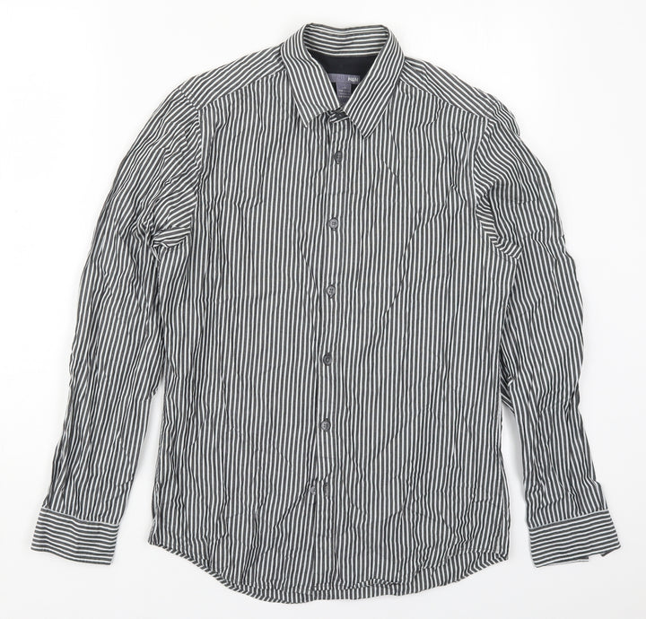 H&M Mens Grey Striped Cotton  Button-Up Size S Collared Button
