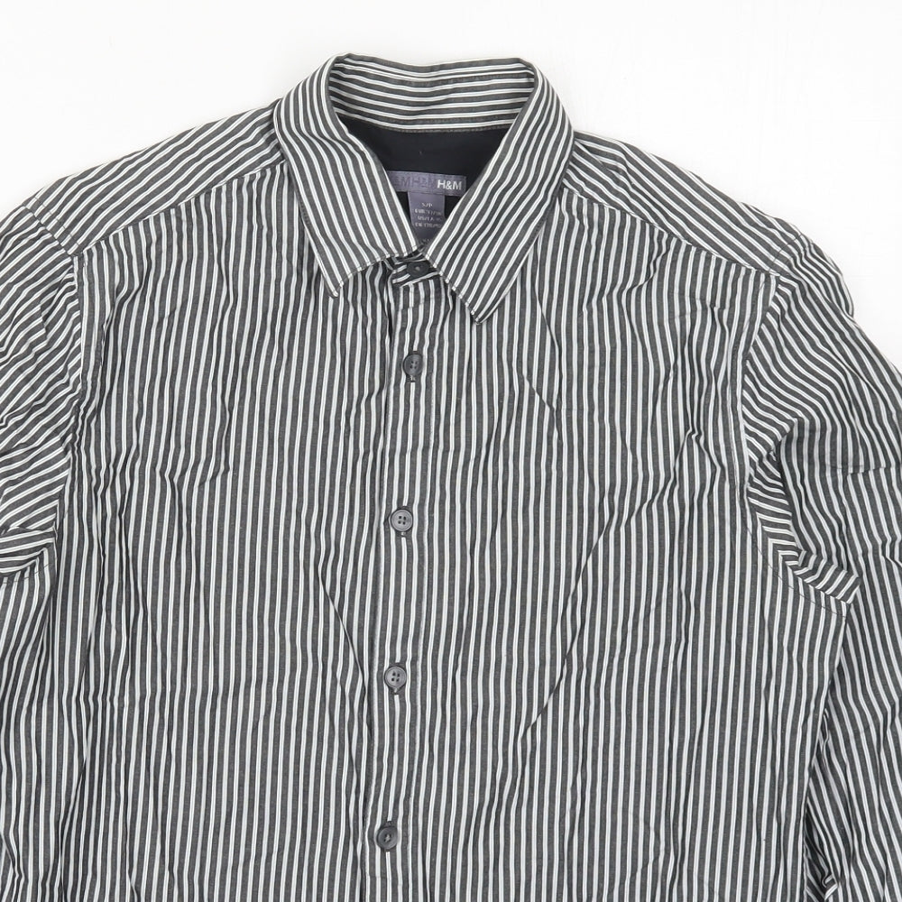 H&M Mens Grey Striped Cotton  Button-Up Size S Collared Button