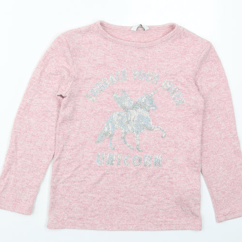 Primark Girls Pink  Viscose Basic T-Shirt Size 9-10 Years Round Neck Pullover - Embrace Your Inner Unicorn