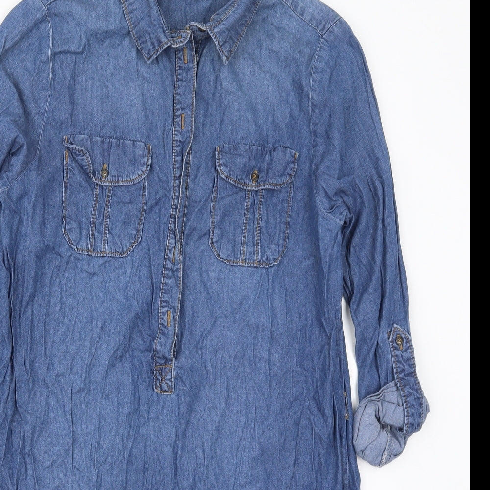 New Look Womens Blue  Cotton Shirt Dress  Size 10  Collared Pullover