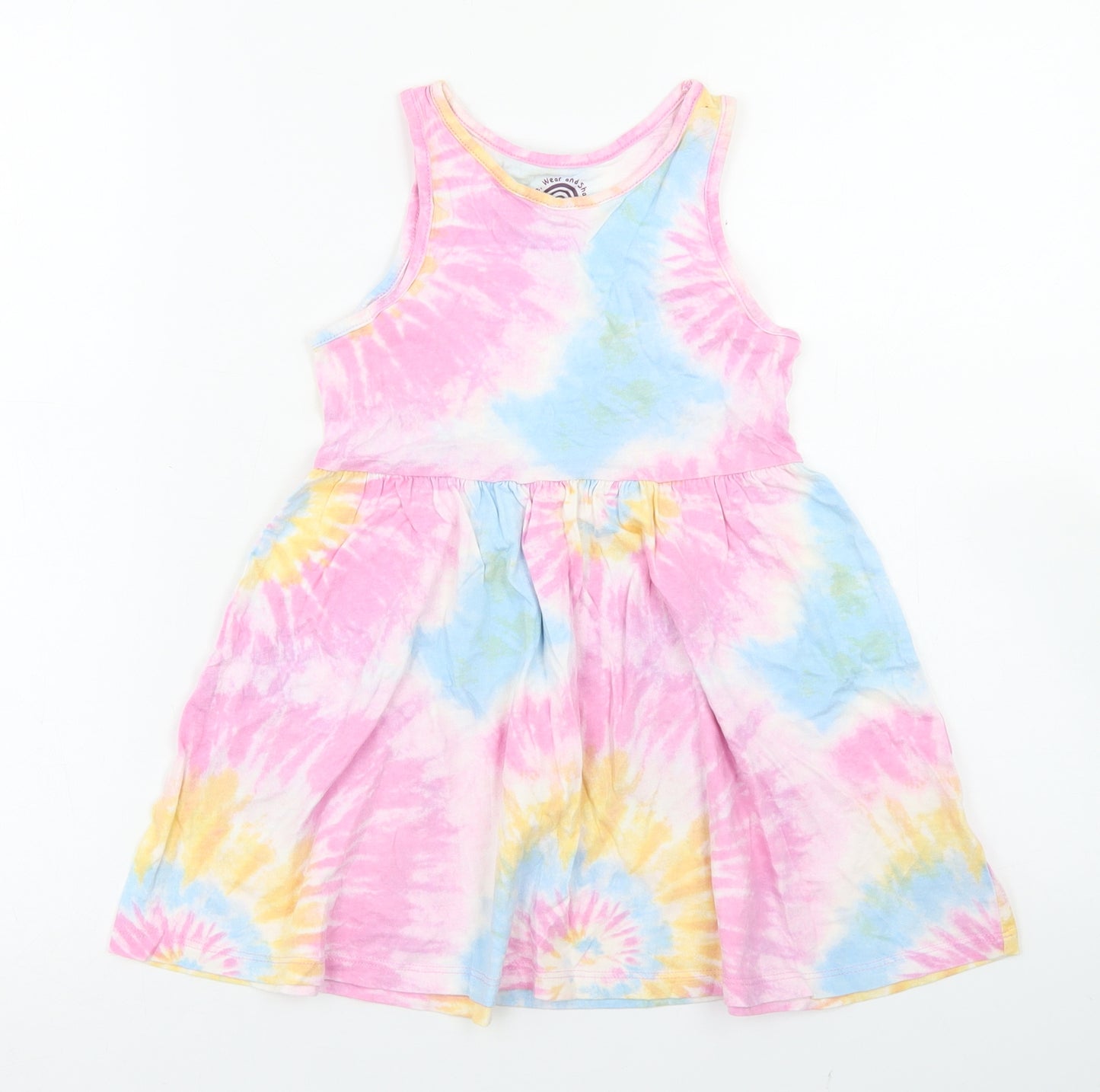 F&F Girls Multicoloured Tie Dye Cotton Skater Dress  Size 6-7 Years  Crew Neck