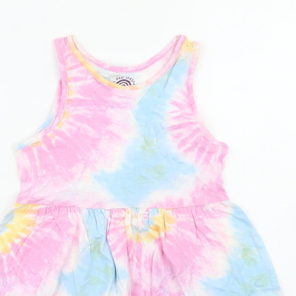 F&F Girls Multicoloured Tie Dye Cotton Skater Dress  Size 6-7 Years  Crew Neck
