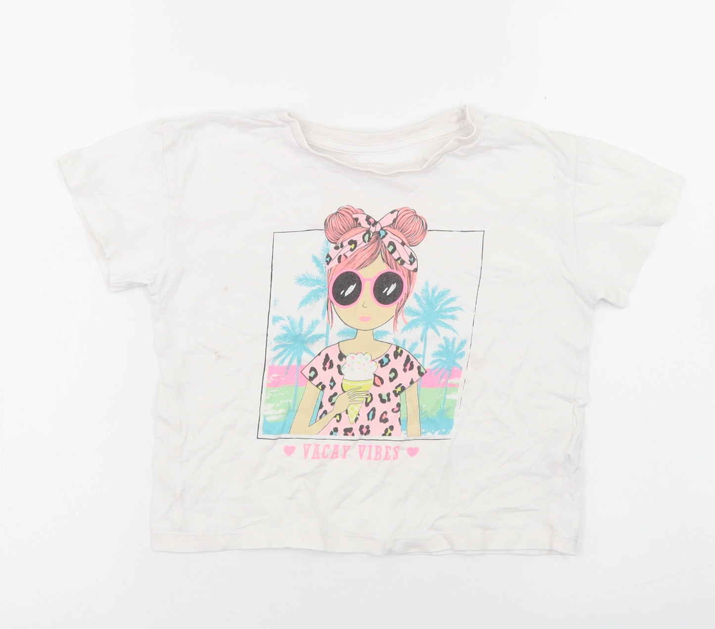 Dunnes Stores Girls White  Cotton Cropped T-Shirt Size 5-6 Years Crew Neck  - Vacay Vibes