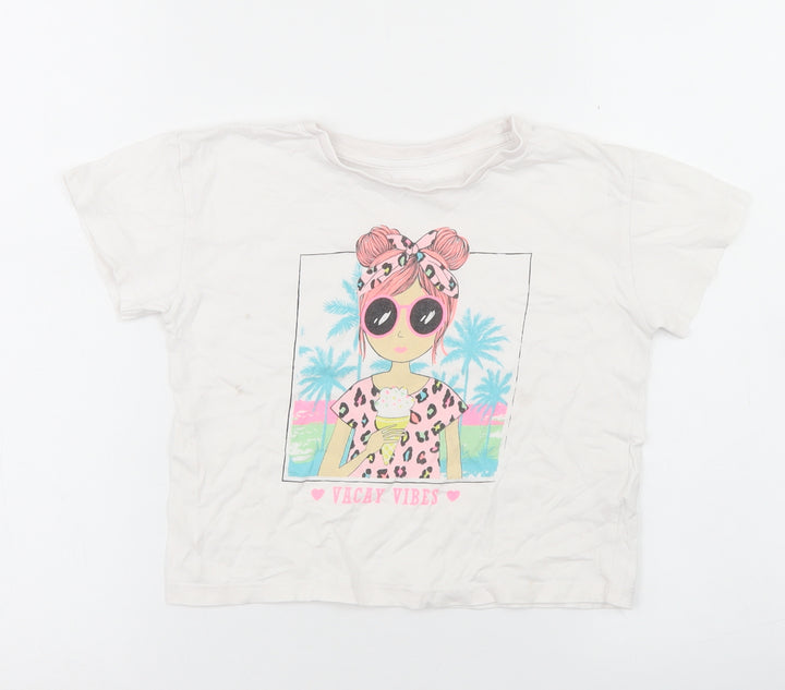 Dunnes Stores Girls White Cotton Cropped T-Shirt Size 5-6 Years Crew Neck - Vacay Vibes
