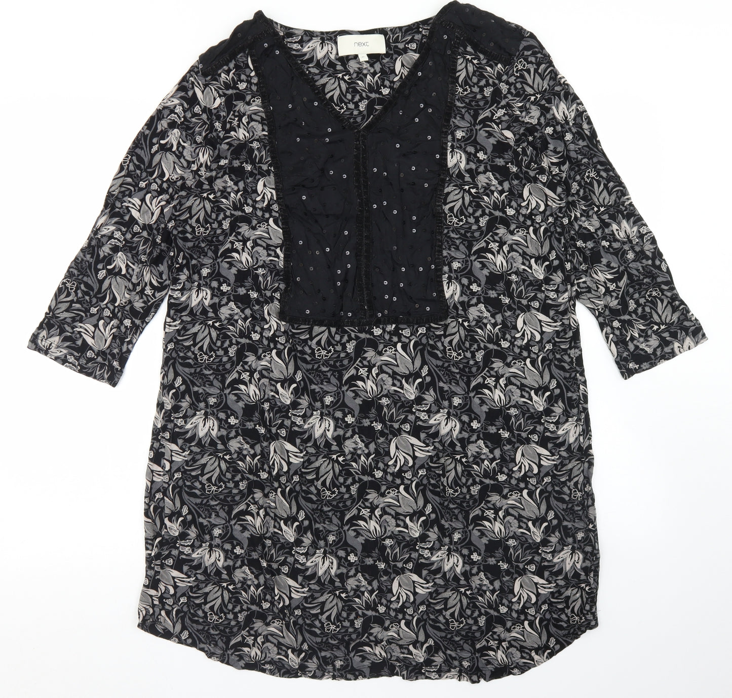 NEXT Womens Black Floral Viscose Tunic T-Shirt Size 22 V-Neck