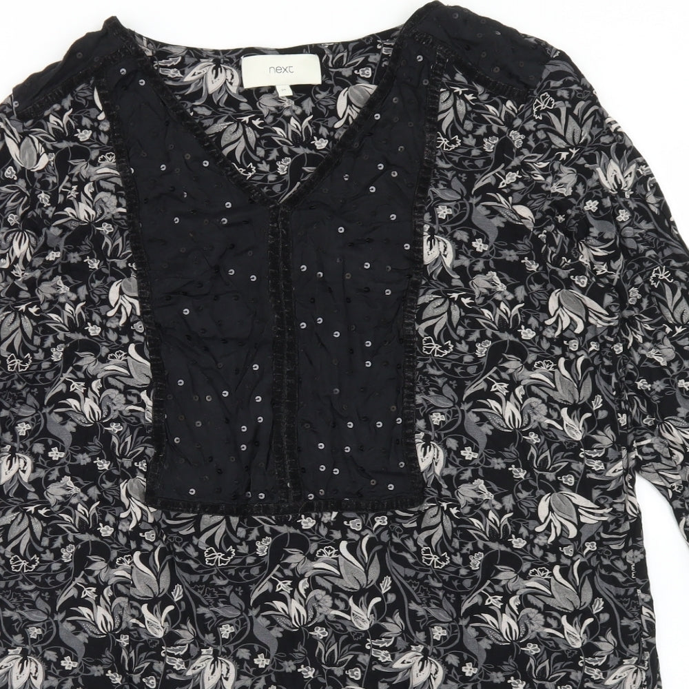 NEXT Womens Black Floral Viscose Tunic T-Shirt Size 22 V-Neck