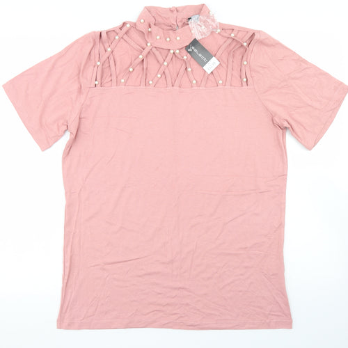 Select Womens Pink  Viscose Basic T-Shirt Size XL Mock Neck - Cut Out