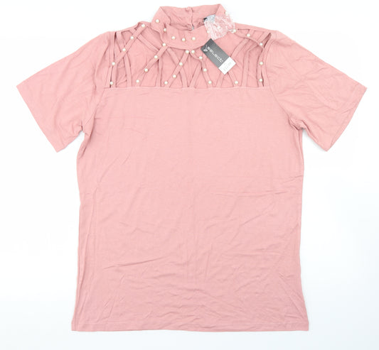 Front view of Select women’s pink viscose basic t-shirt, size XL, mock neck - cut out