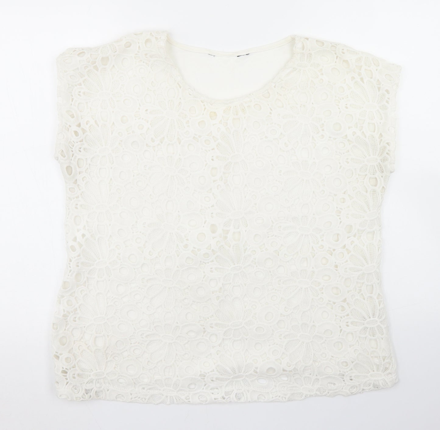 Peacocks Womens White  Cotton Basic T-Shirt Size 18 Round Neck - Lace Fronted