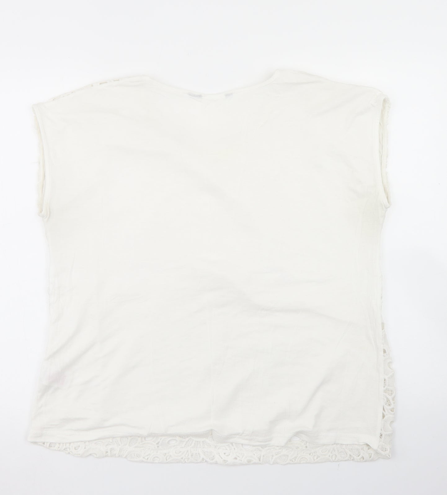 Peacocks Womens White  Cotton Basic T-Shirt Size 18 Round Neck - Lace Fronted