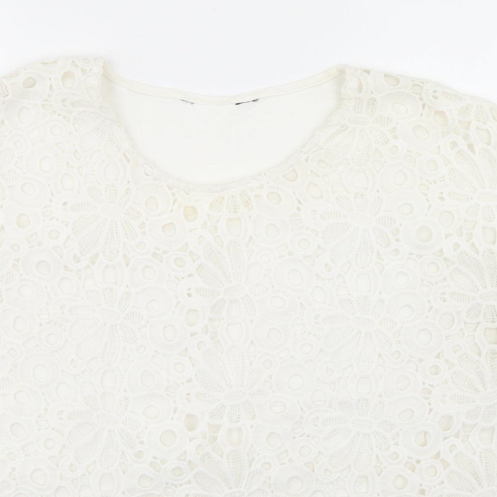 Peacocks Womens White  Cotton Basic T-Shirt Size 18 Round Neck - Lace Fronted