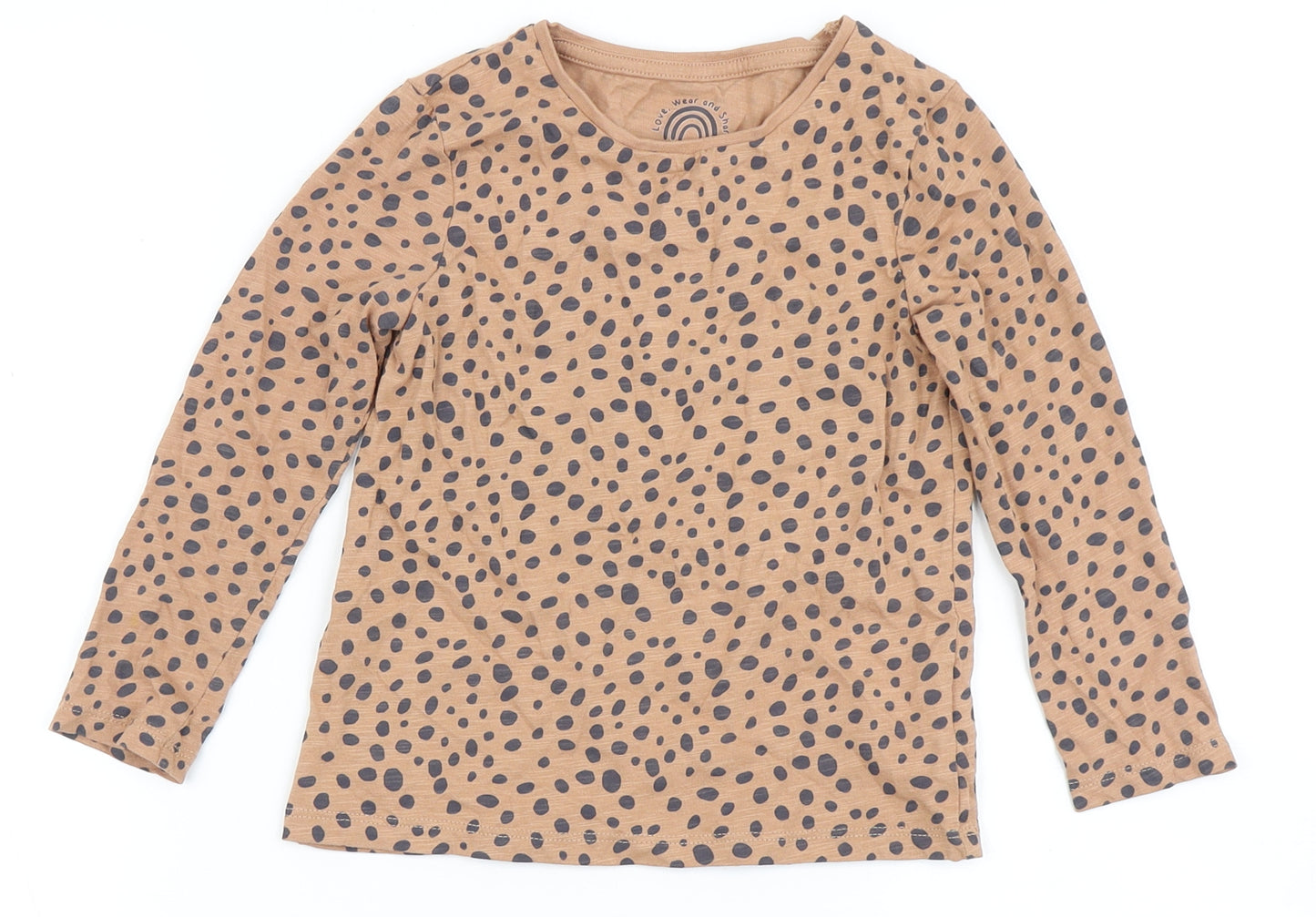 F&F Girls Brown Animal Print 100% Cotton Basic T-Shirt Size 4-5 Years Round Neck