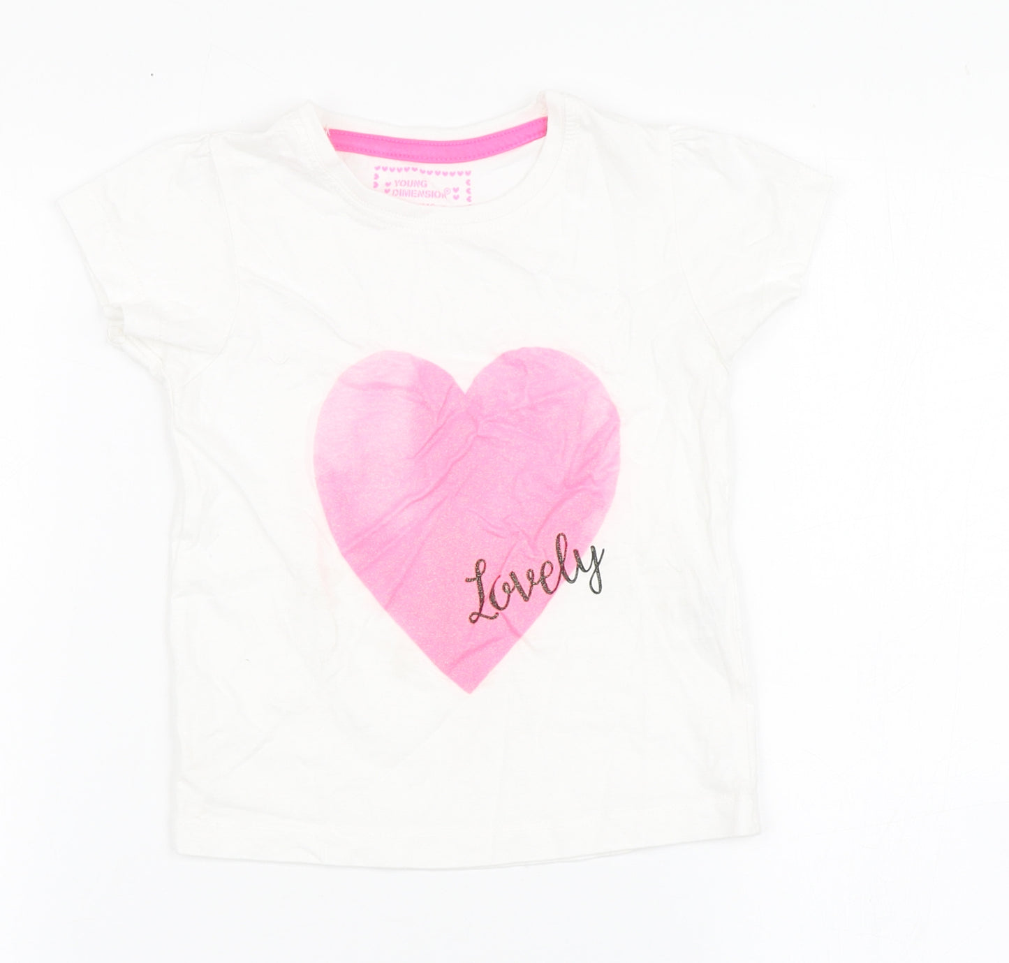 Young Dimension Girls White  100% Cotton Basic T-Shirt Size 4-5 Years Round Neck  - Heart