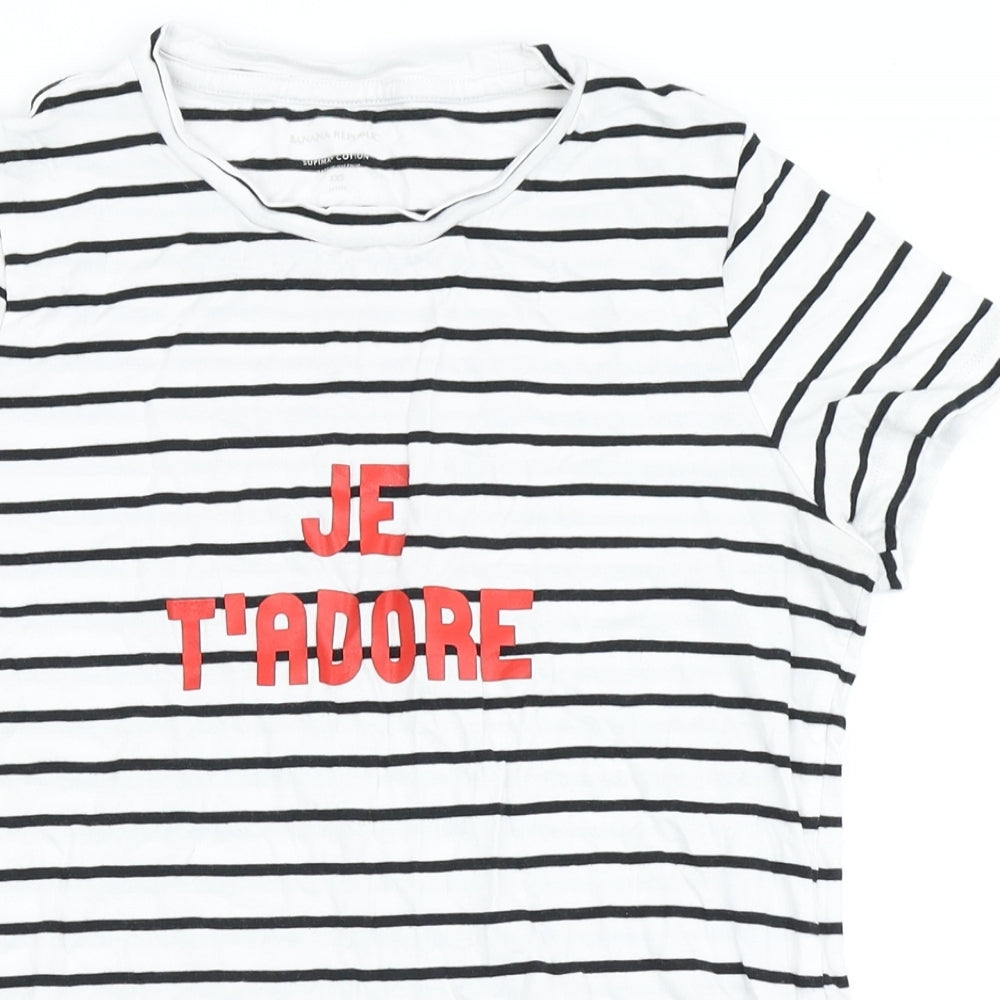 Banana Republic Womens White Striped 100% Cotton Basic T-Shirt Size 2XS Round Neck - Je T'Adore