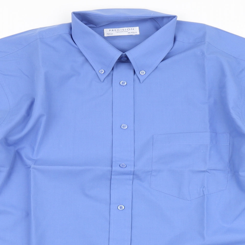 Precision Mens Blue  Polyester  Dress Shirt Size 15.5 Round Neck Button